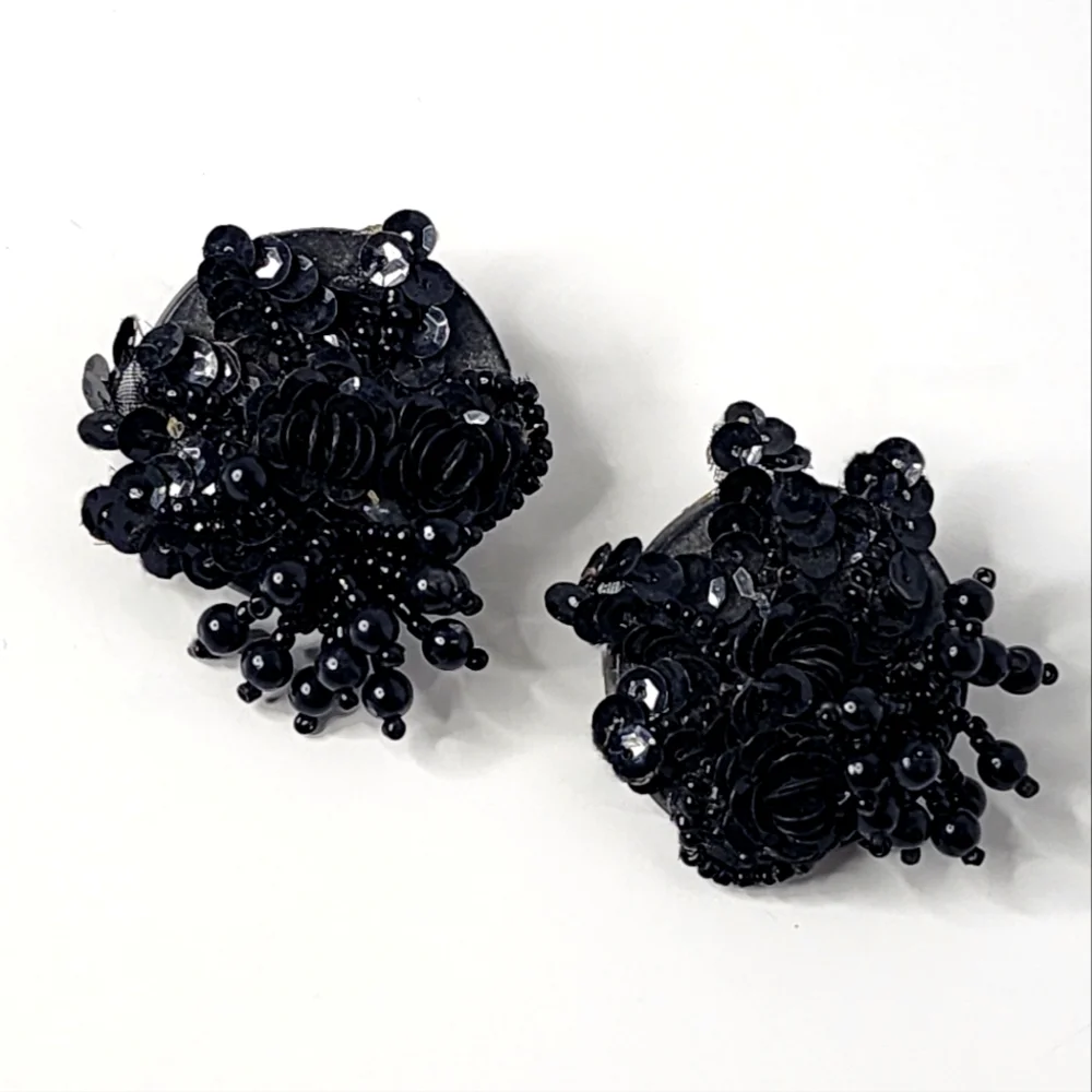 Vintage 80's Black Beaded Big Applique Earrings